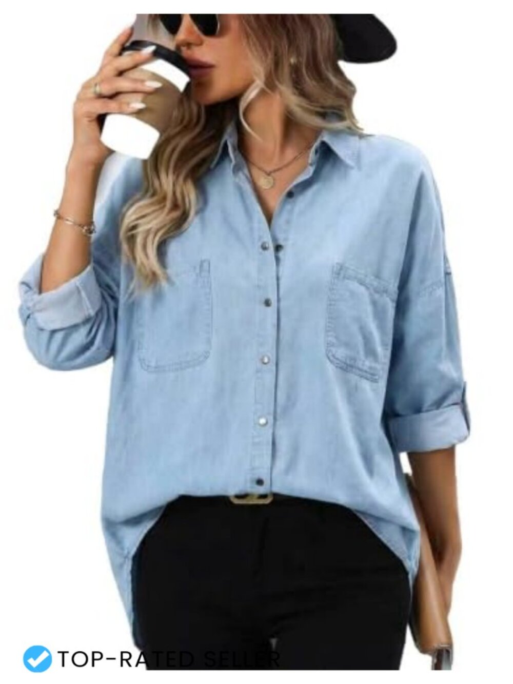 Women's Plus Size Snap Button Denim Shirt Long Sleeve